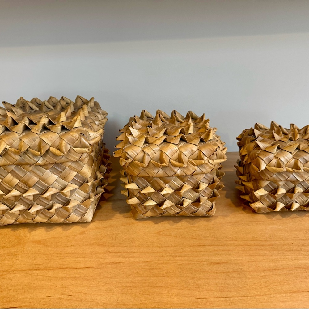 Set of 3 Lauhala Baskets with Lids Handwoven From The Philippines